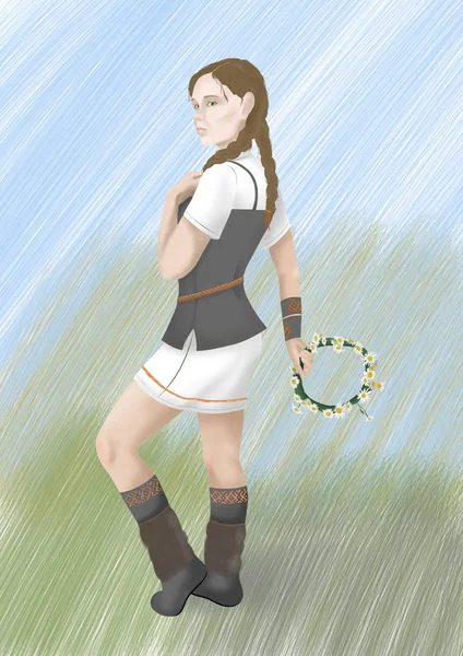 Viking giysili kadın resmi çiçek çelenk ile