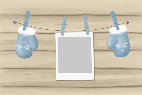 illüstrasyon mavi mittens ve fotoğraf çerçevesi üzerinde bir ip clothespins ile