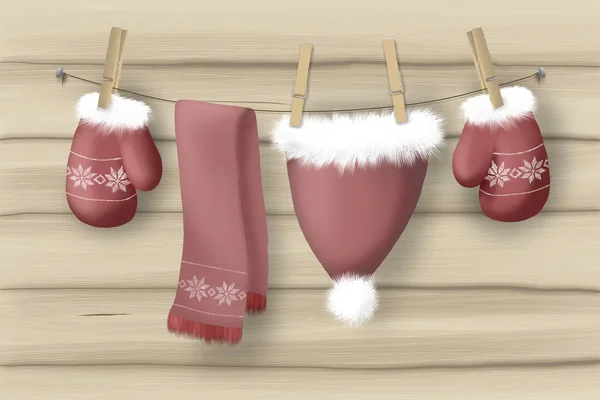 illüstrasyon kırmızı eldiven ve şapka ve atkı clothespins ile bir ip üzerinde