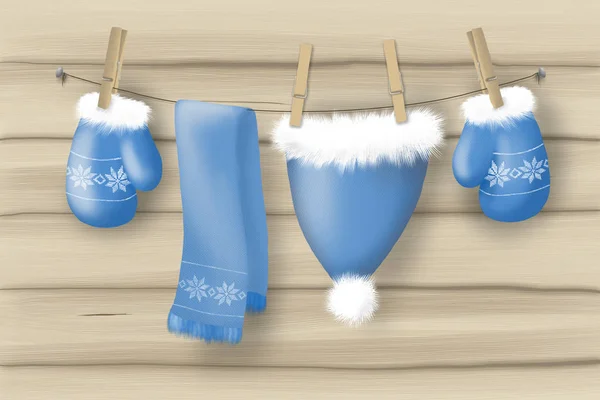 illüstrasyon mavi eldiven şapka ve atkı clothespins ile bir ip üzerinde