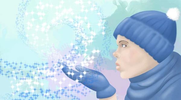 bir kadın bir şapka ve atkı kar taneleri üzerinde üfleme çizimi