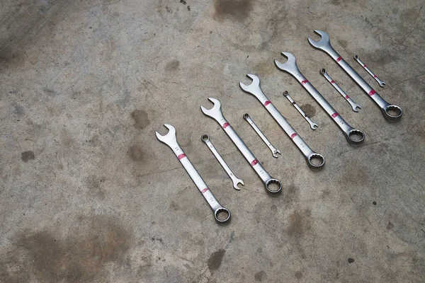 Different Wrenches Car Repair Concrete Floor — Stock Photo, Image