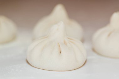 Beyaz bir yüzeyde ev yapımı geleneksel manti. Yakın plan..