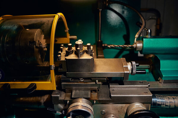 The processing zone of metal parts on a lathe.