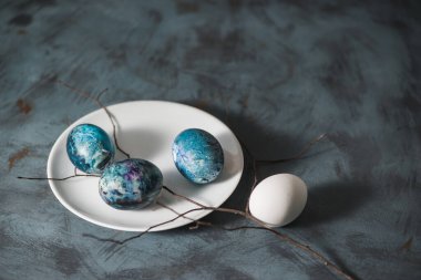 Mutlu Paskalyalar. Beyaz tabakta Paskalya renkli yumurtalar ve mavi bir yüzey üzerinde bir dal..