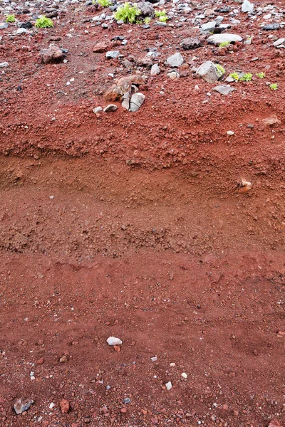 Um corte de solo com rochas e solo vermelho — Fotografia de Stock