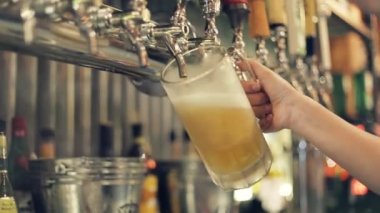 Mükemmel fıçı bira döküyor. Bir kapak, özellikle bir dokunun bira sürümü kontrol etmek için bir bira musluk olduğunu.