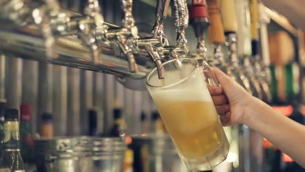 Mükemmel fıçı bira döküyor. Bir kapak, özellikle bir dokunun bira sürümü kontrol etmek için bir bira musluk olduğunu. — Stok video