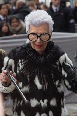 Paris, Fransa - 4 Mart 2016: Iris Apfel Christian Dior show parçası olan Paris moda hafta kadın giyim sonbahar/kış 2016/2017 olarak gelir 