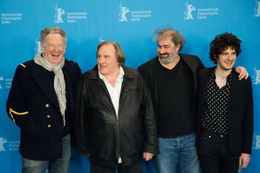 BERLIN, GERMANY - FEBRUARY 19, 2016: (L-R) Director Benoit Delepine, Gerard Depardieu, director Gustave Kervern and actor Vincent Lacoste attend the 'Saint Amour' photo call during the 66th Berlinale International Film Festival Berlin