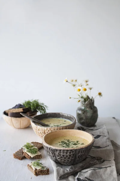 Ost soppa med svamp och grönsaker, mörkt bröd — Stockfoto