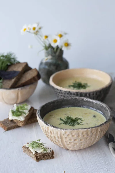 キノコや野菜、茶色のパンとチーズのスープ — ストック写真