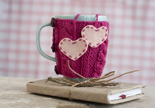 Copa azul en un suéter rosa de pie en un viejo cuaderno — Foto de Stock