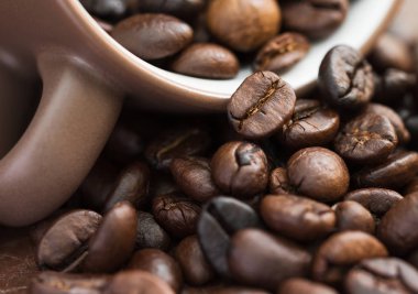 Kahve fincanı ve kızarmış kahve çekirdekleri.