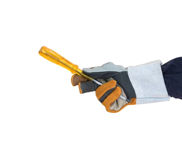 Hand in glove holding screwdriver on white — Stock Photo, Image