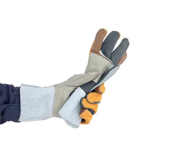 Hand in rough leather glove on white — Stock Photo, Image