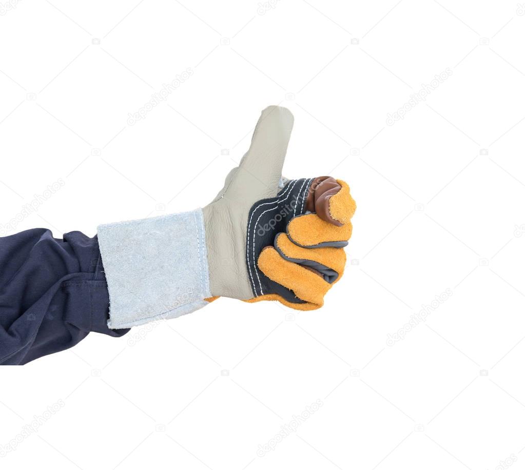 Hand with the thump up in rough leather glove on white