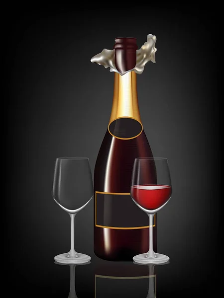 Ouvrir une bouteille de champagne et une coupe de champagne sur fond noir . — Image vectorielle