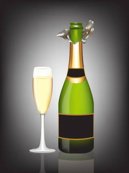 Open a bottle of champagne and a glass of champagne on black. — Stock Vector