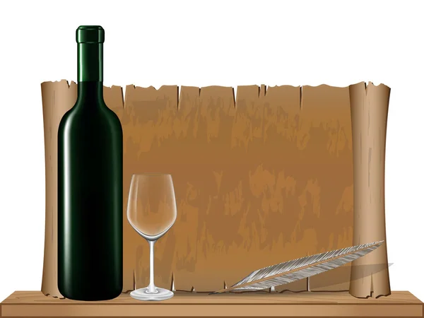 Bottle wine and Old vintage scroll on wood shelf — Stock Vector