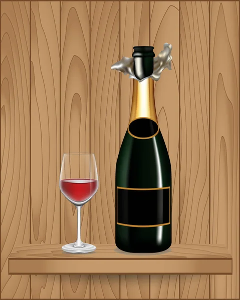 Пляшка зеленого вина і склянки на дерев'яній полиці — стоковий вектор