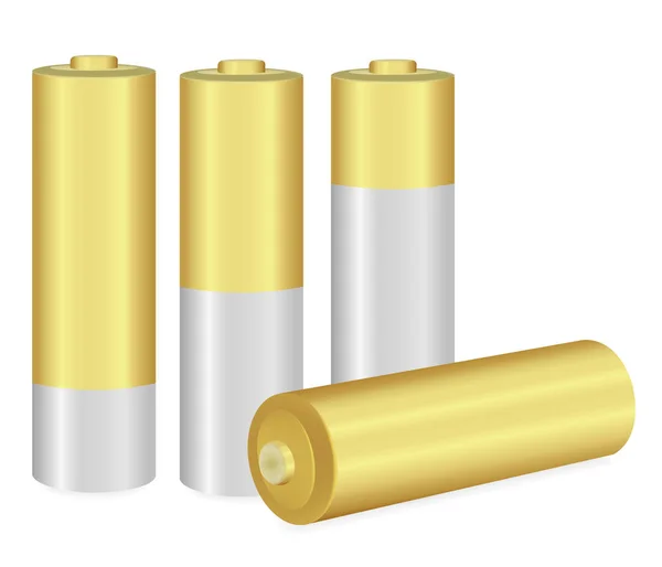 Baterías AA de oro y metálicas sobre fondo blanco — Vector de stock