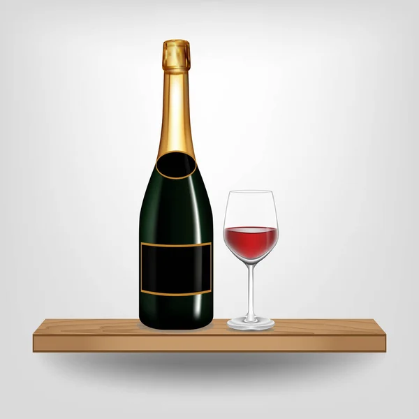 Flasche grüner Wein und Glas auf Holzregal — Stockvektor