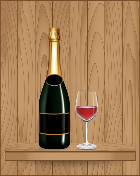 Zelená láhev vína a skla na dřevěné police — Stockový vektor