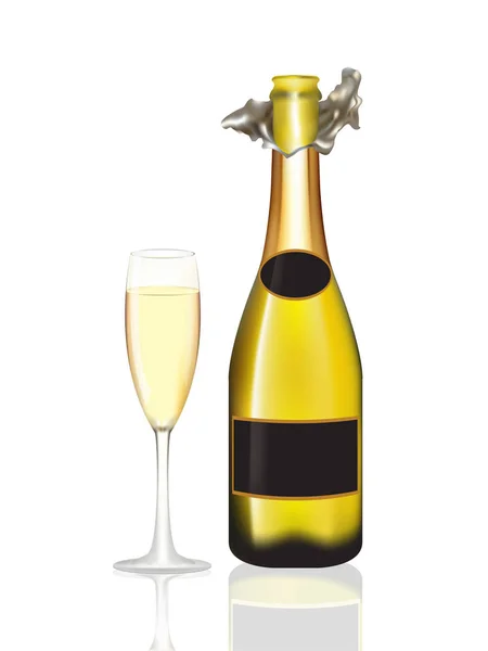 Eine Flasche Champagner und ein Glas Champagner auf Weiß öffnen. — Stockvektor