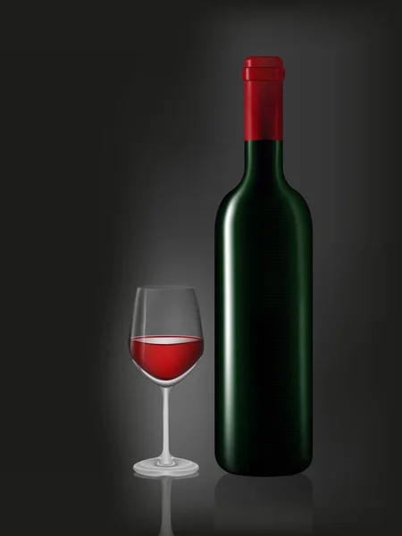 Fles wijn en rode wijn glas op zwart — Stockvector