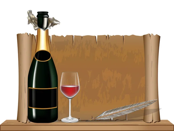 Butelka wina i starego rocznika przewijania na drewniane półki — Wektor stockowy