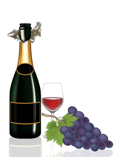 Uva, vinho de garrafa e vinho de vidro em branco — Vetor de Stock