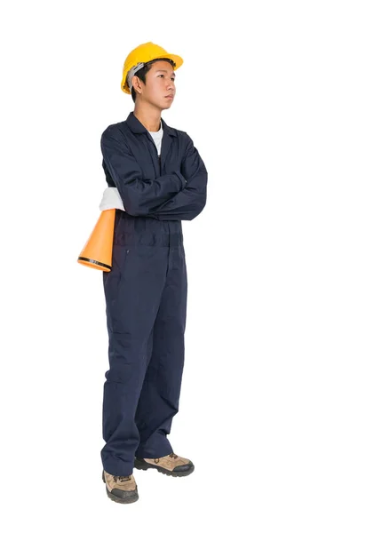 Young worker with yellow helmet holding a megaphone — Stock Photo, Image