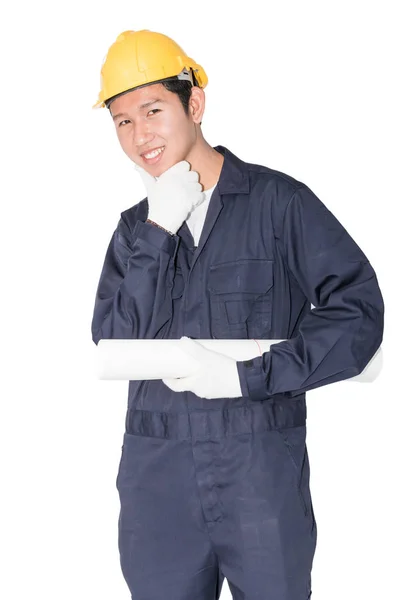 Obrero sosteniendo plano sobre blanco — Foto de Stock