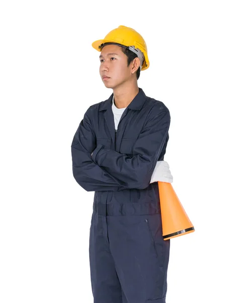 Young worker with yellow helmet holding a megaphone — Stock Photo, Image