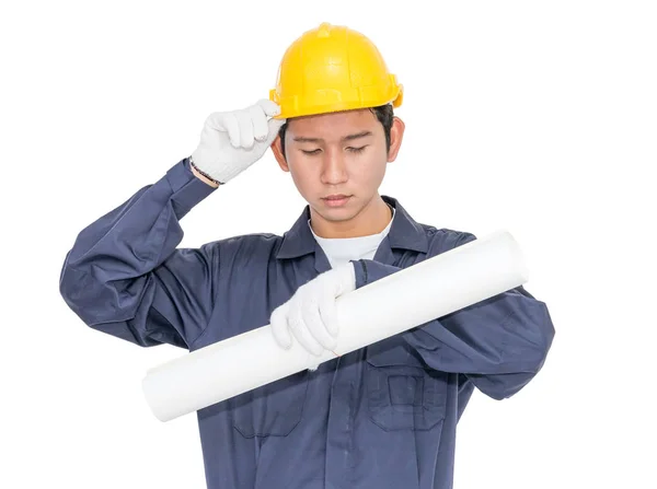 İşçi holding blueprint beyaz — Stok fotoğraf