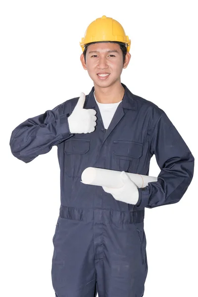 Worker holding blueprint on white background — Stock Photo, Image