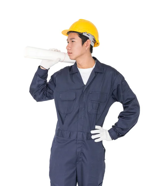 Worker holding blueprint on white — Stock Photo, Image