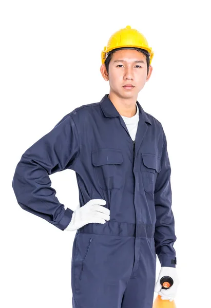 Jovem trabalhador com capacete amarelo segurando um megafone — Fotografia de Stock