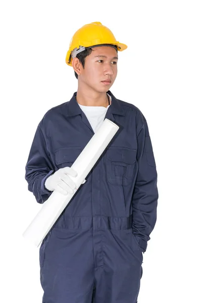 Worker holding blueprint on white — Stock Photo, Image