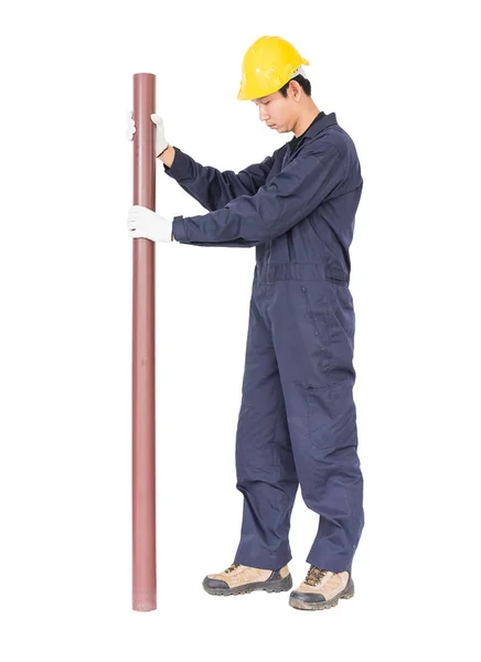 Junger Klempner mit PVC-Rohr — Stockfoto