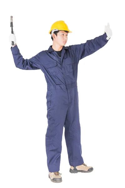Handyman en uniforme con su martillo — Foto de Stock