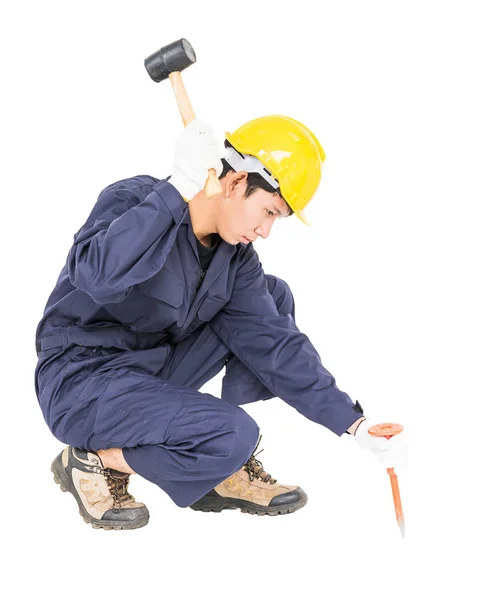 Man hold hammer and cold chisel on white — Stock Photo, Image