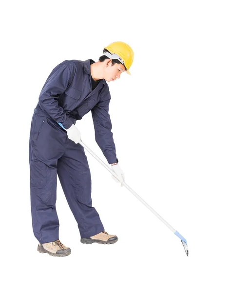 Young man hold squeegee window cleaner isolated on white — Stock Photo, Image