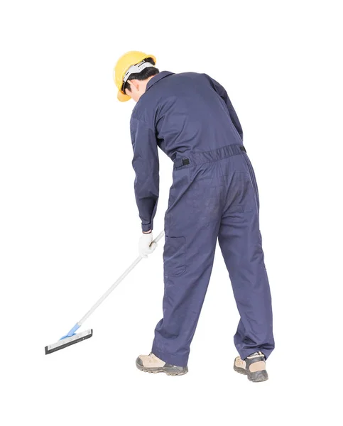 Young man hold squeegee window cleaner isolated on white — Stock Photo, Image