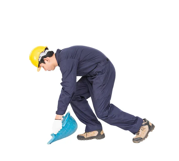 Young worker hold Hod or clam-shell shaped basket — Stock Photo, Image