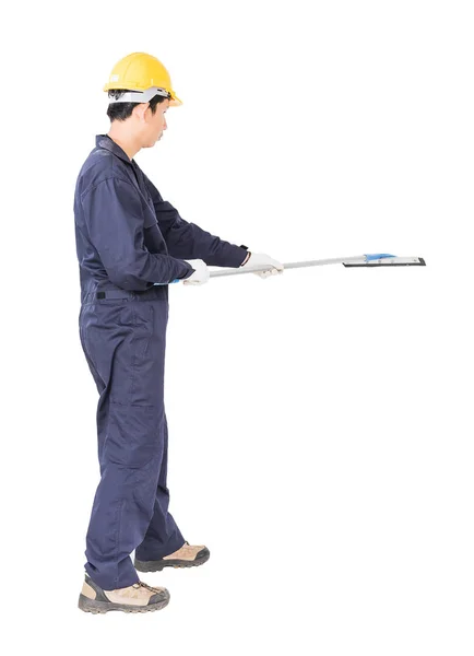 Young man hold squeegee window cleaner isolated on white — Stock Photo, Image