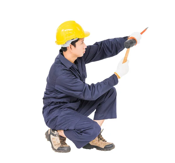 Man hold hammer and cold chisel on white — Stock Photo, Image