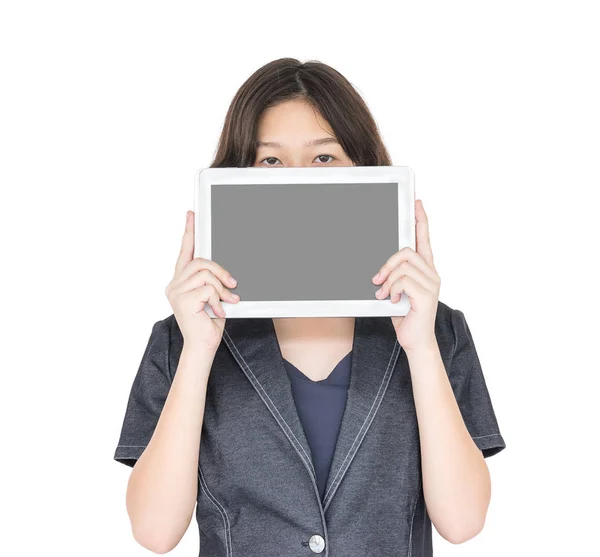 Woman holding up  blank tablet computer — Stock Photo, Image