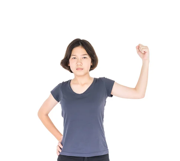 Cabello corto femenino joven con camiseta gris en blanco —  Fotos de Stock